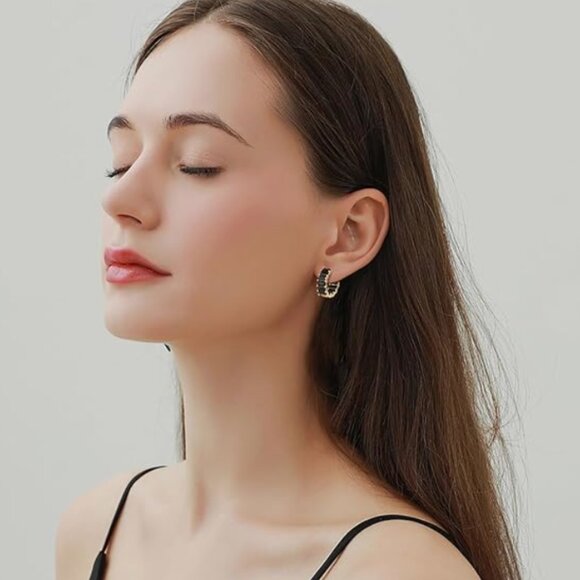 18K Gold Plated Black Stud Earrings - Picture 3 of 5